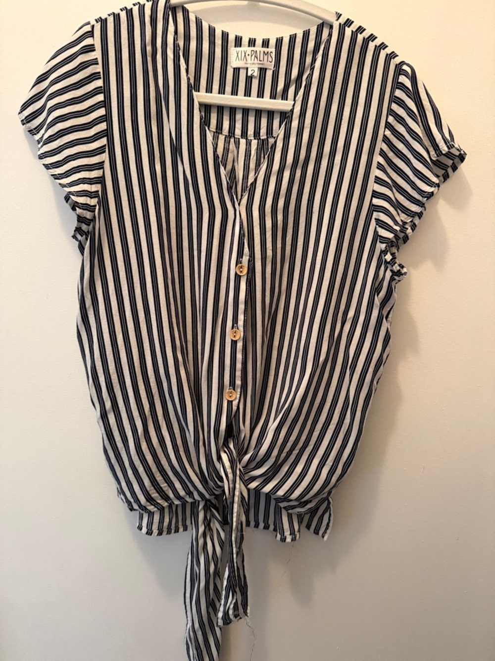 XIX-Palms White & Navy Striped Tie-Front Short Sleeve Top